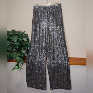 Gabrielle Union Silver Sequin Wide-Leg Pants | Size M